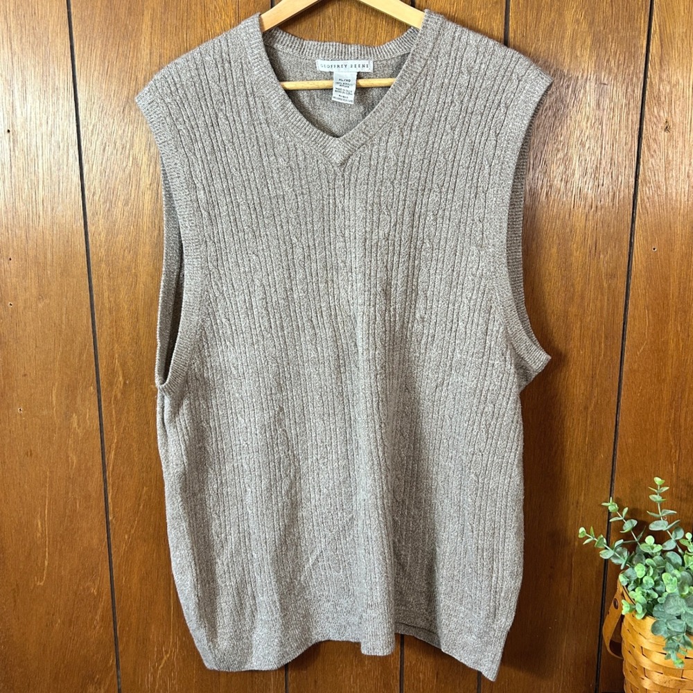 GEOFFREY BEENE Mens‎ XL G Vest Tan Cable Knit V Neck Academia Classiccore Preppy